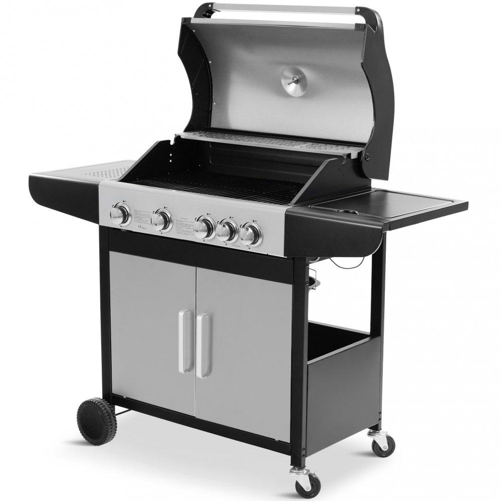 Gasolgrill med fyra brännare, rostfritt lock och skåpluckor samt sidobrännare