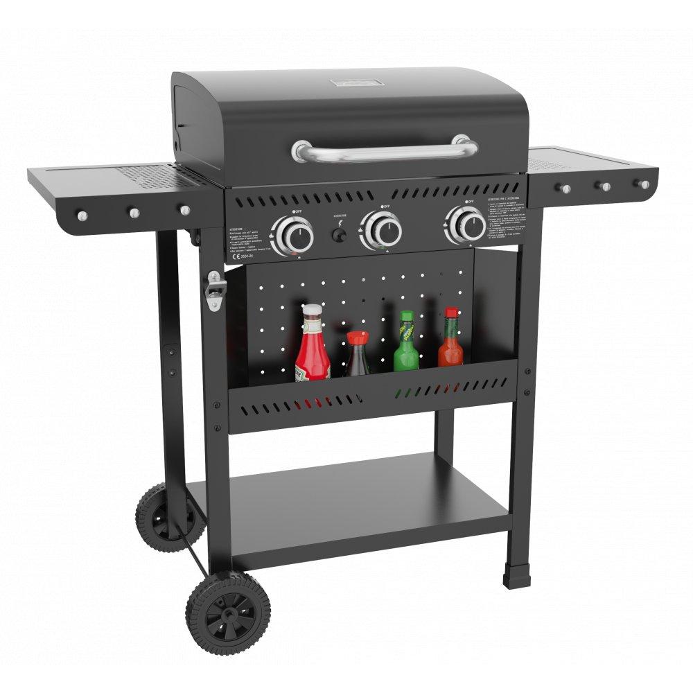 Svart gasolgrill med tre brännare, fällbara sidobord och vagn med hjul