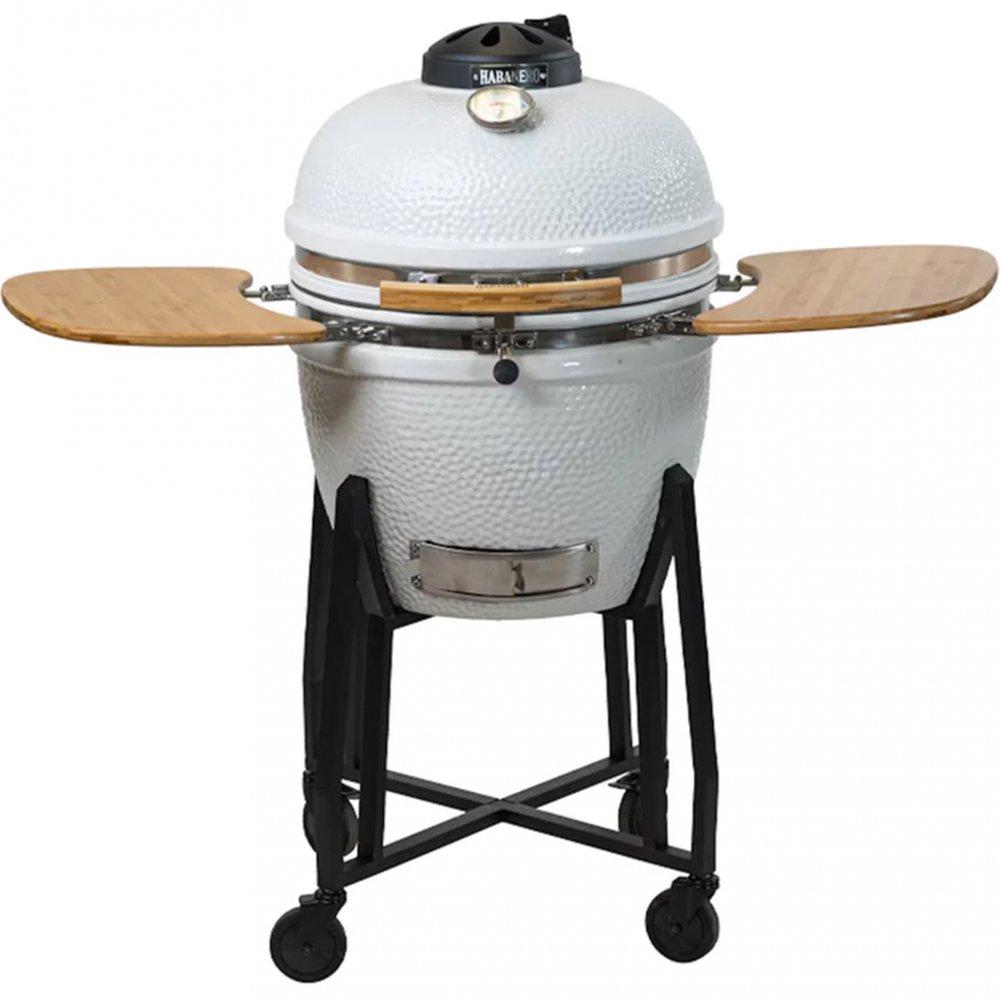Vit keramisk kamadogrill Ø47 cm med fällbara bambusidobord och stålram med hjul