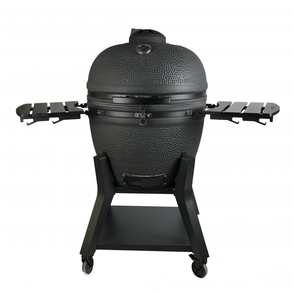 Matt svart keramisk kamadogrill på Ø68 cm med gjutjärnsventil och bambusidobord
