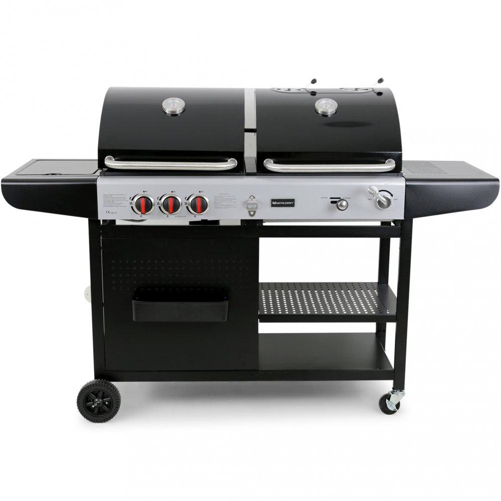 Kombinerad kol- och gasolgrill med två separata grillskålar och två lock