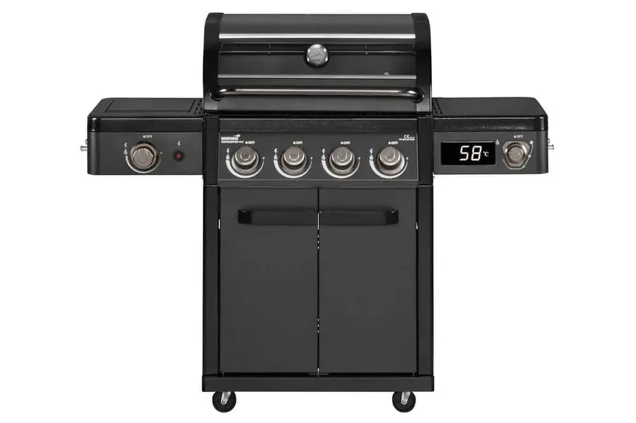 Svart Mustang Charleston gasolgrill med fyra huvudbrännare, infraröd sidobrännare och lockfönster