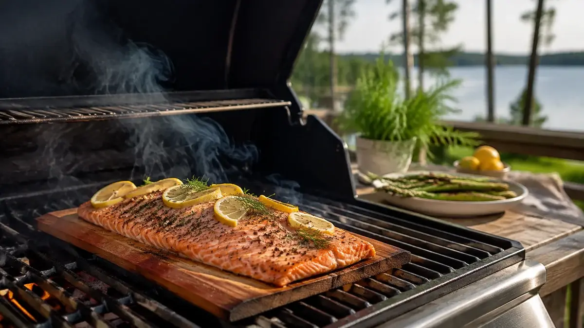 Laxfilé som grillas med dill och citron på ett grillgaller