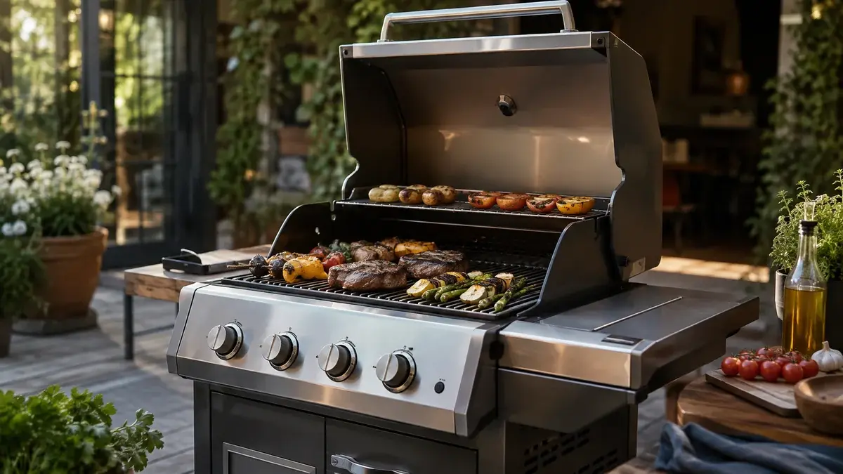 Napoleon gasolgrill med fyra brännare på en altan