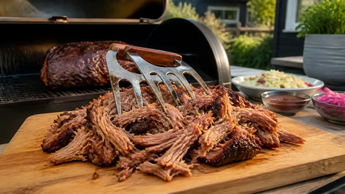 Färdig pulled pork som dras isär med två gafflar
