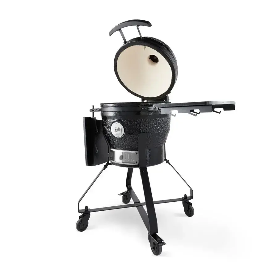 Svart keramisk Tostarp Kamado BBQ på 46 cm med sidobord och hjulställning