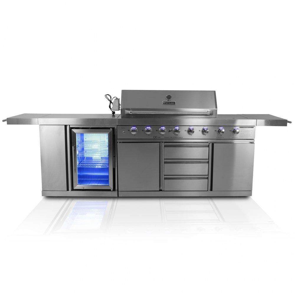 Stor rostfri gasolgrill med upplyst grillyta, varmluftsfunktion och motoriserat grillspett