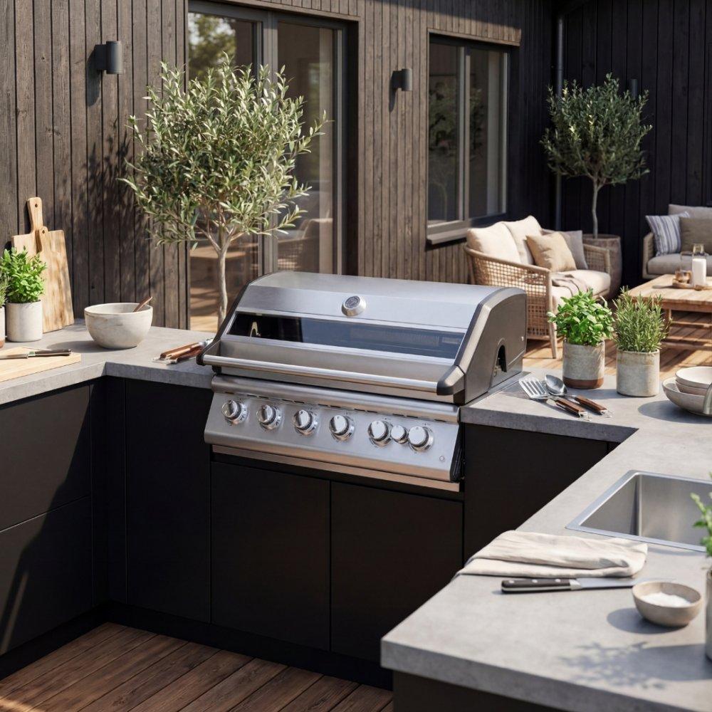 Rostfri gasolgrill med fem brännare, glasfönster i locket och svarta ändkap