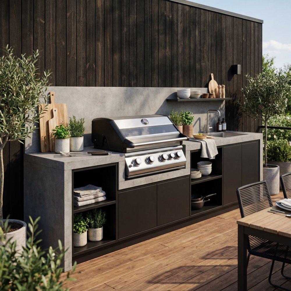 Rostfri inbyggnadsgrill för utekök med glasfönster i locket och fyra brännare