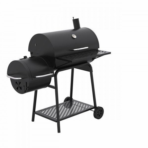 Svart kolgrill i tunnform med separat sidoröktunna och skorsten